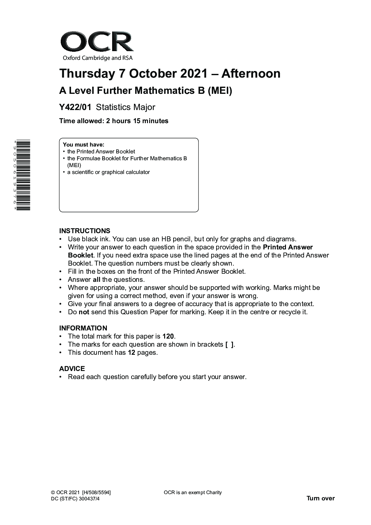 Preview image for Further Mathematics B (MEI) Y422/01: Statistics major Advanced GCE QUESTION PAPER for Autumn 2021